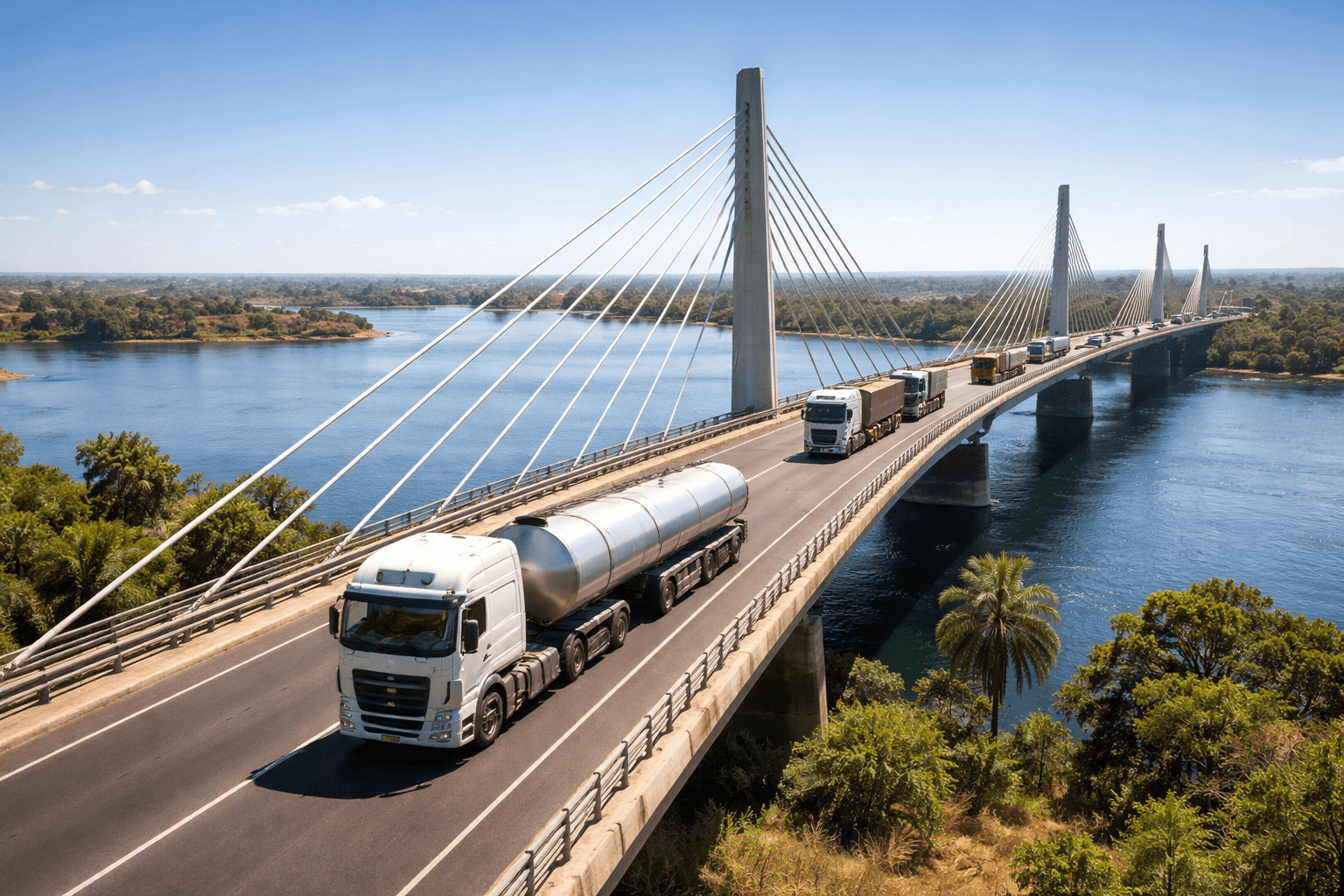 Kazungula Bridge with trucks